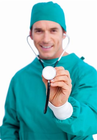 simsearch:400-04281577,k - Portrait of an enthusiastic surgeon holding a stethoscope against a white background Photographie de stock - Aubaine LD & Abonnement, Code: 400-04197856