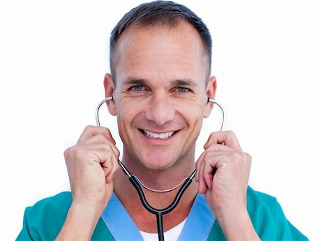 simsearch:400-04281577,k - Portrait of a handsome male doctor holding a stethoscope against a white background Photographie de stock - Aubaine LD & Abonnement, Code: 400-04197853
