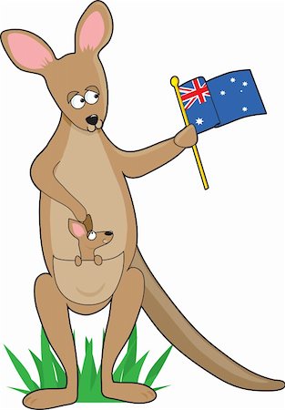 A kangaroo holding an Australian flag. Ther is a joey in her pouch. It is shaped like the letter K Foto de stock - Super Valor sin royalties y Suscripción, Código: 400-04197921