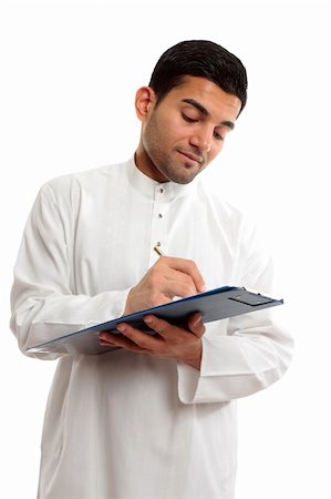 simsearch:400-04200146,k - An ethnic businessman in traditional clothing, holding a clipboard folder and writing with a pen.  White background. Stock Photo - Budget Royalty-Free & Subscription, Code: 400-04199042