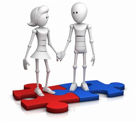 a couple standing on two connected jigsaw pieces and holding hands - 3d illustration/render Stock Photo - Budget Royalty-Free & Subscription, Code: 400-04199337