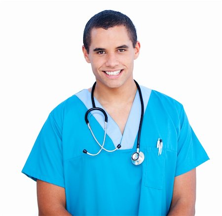 simsearch:400-04191693,k - Portrait of self-assured male doctor wearing blue uniform against white background Stock Photo - Budget Royalty-Free & Subscription, Code: 400-04190136