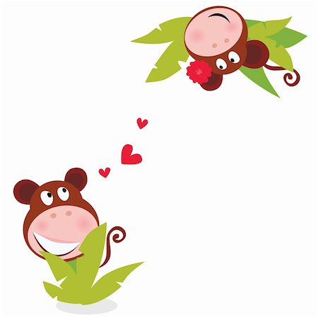 simsearch:400-07314532,k - Vector illustration of stylized two monkeys behind green palm leaves in love. Stock Photo - Budget Royalty-Free & Subscription, Code: 400-04191000