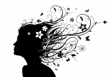 female silhouette for fashion design - Vector illustration of abstract Young girl face silhouette in profile with long floral hair Stock Photo - Budget Royalty-Free & Subscription, Code: 400-04191339