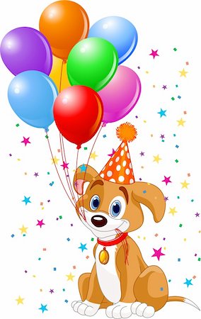 Cute Puppy with birthday balloons and party hat Stock Photo - Budget Royalty-Free & Subscription, Code: 400-04191582