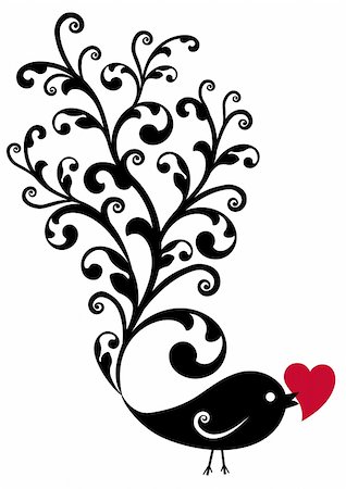 floral heart vector - black ornamental bird with red heart, vector background Stock Photo - Budget Royalty-Free & Subscription, Code: 400-04192136