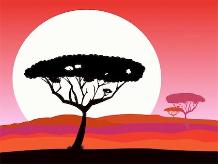 simsearch:400-04290417,k - Vector Illustration of tropical holiday background. Black palm silhouette and sun behind hills. Stock Photo - Budget Royalty-Free & Subscription, Code: 400-04192870