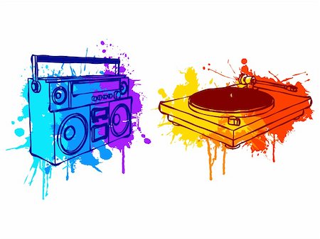 Boombox and turntable, with colorful grunge elements. Stock Photo - Budget Royalty-Free & Subscription, Code: 400-04193581