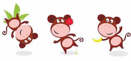 simsearch:400-04597541,k - Jumping monkey with palm leaf, dancing monkey and monkey with banana. Vector cartoon illustration of funny african animal. Foto de stock - Super Valor sin royalties y Suscripción, Código: 400-04193610