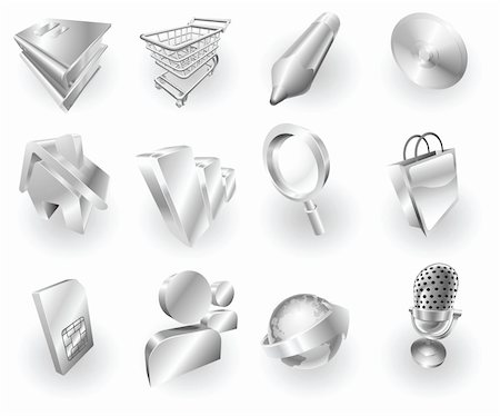 A set of silver steel or aluminium shiny glossy metal metallic internet application icon set series. Stock Photo - Budget Royalty-Free & Subscription, Code: 400-04193727