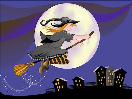 Cartoon young witch flying on a broom in moonlight Foto de stock - Royalty-Free Super Valor e Assinatura, Número: 400-04204448