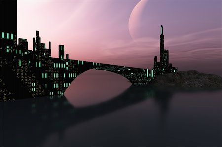 extraterrestre - A beautiful city is reflected in calm waters on another world out in the galaxy. Foto de stock - Super Valor sin royalties y Suscripción, Código: 400-04204502