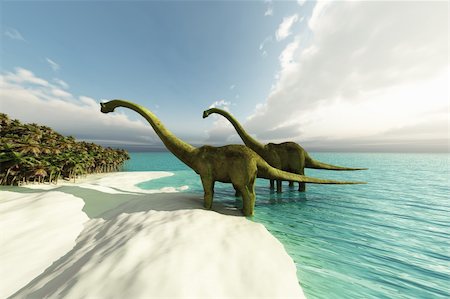 simsearch:400-04236748,k - Two Diplodocus dinosaurs wade is shallow waters of a white sand beach. Foto de stock - Super Valor sin royalties y Suscripción, Código: 400-04204503