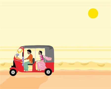 a hand drawn illustration of a tuk tuk with two people travelling along a dusty road in india under an orange sunset Stock Photo - Budget Royalty-Free & Subscription, Code: 400-04204773