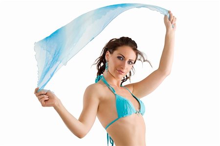 swimsuit model white background - young and stunning brunette wearing a sky-blue swimsuit with scarf playing with wind Stock Photo - Budget Royalty-Free & Subscription, Code: 400-04205035