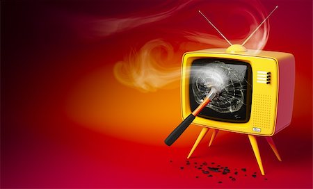 smoking and angry - 3D render of a old fashioned TV set with shattered display Stock Photo - Budget Royalty-Free & Subscription, Code: 400-04205076