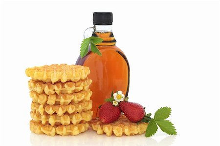 flowers in jam jar - Waffle stack and maple syrup with strawberry fruit and flower blossom with leaf sprig,  isolated over white background with copy space. Stock Photo - Budget Royalty-Free & Subscription, Code: 400-04205362