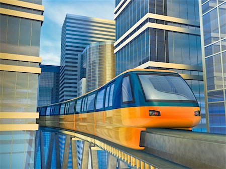 elevated sky - Futuristic monorail train among the skyscrapers. Made in 3D. Stock Photo - Budget Royalty-Free & Subscription, Code: 400-04205829