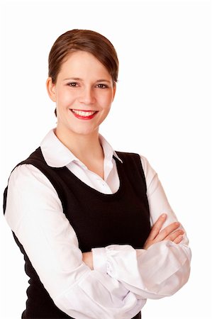 Business woman with crossed arms looks laughs happy into camera. Isolated on white background. Stock Photo - Budget Royalty-Free & Subscription, Code: 400-04205932