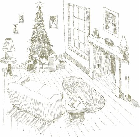 Pen and ink style illustration of an interior Christmas scene. Foto de stock - Super Valor sin royalties y Suscripción, Código: 400-04206979