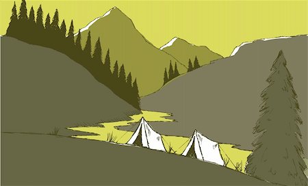 Pen and ink style illustration of a camp site with mountains in the background. Foto de stock - Super Valor sin royalties y Suscripción, Código: 400-04206986