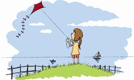 Pen and ink style illustration of a girl flying a kite. Stock Photo - Budget Royalty-Free & Subscription, Code: 400-04206983