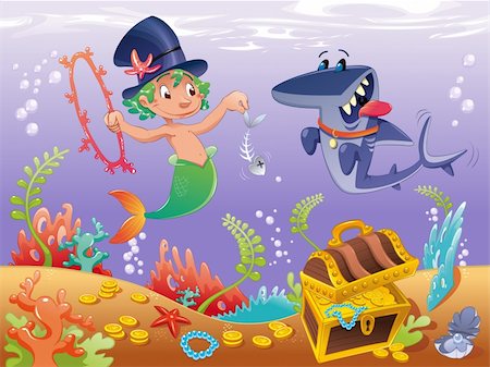 Triton with shark. Funny cartoon and vector characters. Stock Photo - Budget Royalty-Free & Subscription, Code: 400-04207250