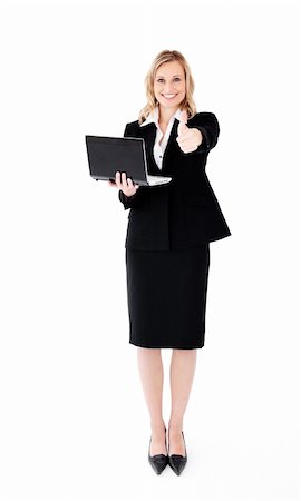 simsearch:400-05242665,k - Businesswoman holdind laptop against white background Foto de stock - Super Valor sin royalties y Suscripción, Código: 400-04207989
