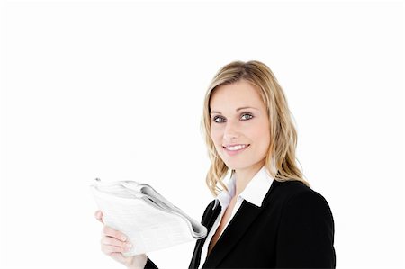 simsearch:400-05242665,k - Businesswoman reading newspaper against white background Foto de stock - Super Valor sin royalties y Suscripción, Código: 400-04207980