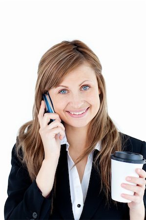 simsearch:400-04188263,k - Smiling businesswoman talking on phone holding a coffee against white background Foto de stock - Super Valor sin royalties y Suscripción, Código: 400-04208060