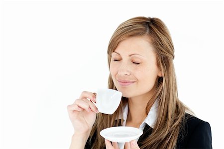 simsearch:400-04188263,k - Caucasian blond businesswoman enjoy her coffee against white background Foto de stock - Super Valor sin royalties y Suscripción, Código: 400-04208073