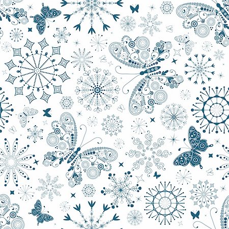 simsearch:400-04709734,k - Seamless white christmas pattern with blue snowflakes and butterflies (vector) Stock Photo - Budget Royalty-Free & Subscription, Code: 400-04208124