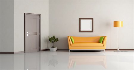 modern living room with orange couch and wooden door - rendering Stock Photo - Budget Royalty-Free & Subscription, Code: 400-04208387