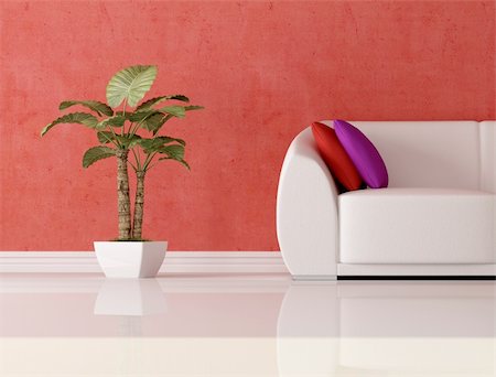 simsearch:400-05946922,k - detail of a modern couch with cushion and plant in front a plaster red wall Photographie de stock - Aubaine LD & Abonnement, Code: 400-04208389