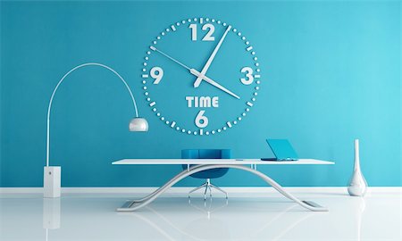 reloj de sol - blue office space with big wall clock -rendering Photographie de stock - Aubaine LD & Abonnement, Code: 400-04208383