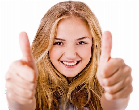 Closeup of women showing thumbs up in both hands on a isolated white background Stock Photo - Budget Royalty-Free & Subscription, Code: 400-04209269