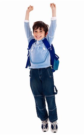 student jumping to school - School boy with raised arms isolated on white background Stock Photo - Budget Royalty-Free & Subscription, Code: 400-04209285