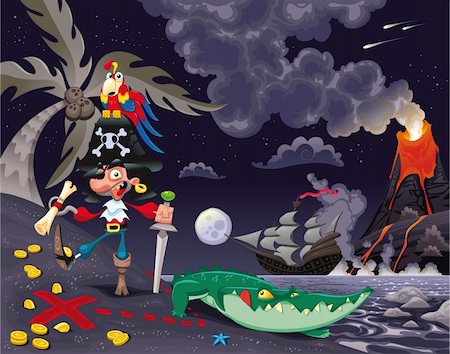 Pirate on the island in the night. Funny cartoon and vector scene. Photographie de stock - Aubaine LD & Abonnement, Code: 400-04209482