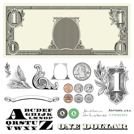 paniqué - Set of detailed vector ornaments loosely based off a one dollar bill, includes vector illustrations of coins: quarter, nickel, dime, and penny Foto de stock - Super Valor sin royalties y Suscripción, Código: 400-04209651