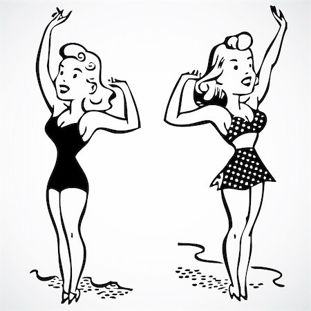 Vintage vector advertising illustrations of women in swim suits. Stockbilder - Microstock & Abonnement, Bildnummer: 400-04209676