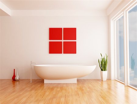 simsearch:400-04159088,k - minimalist white bathroom with fashion bathtub - rendering- the sky on back ground is a my photo Stock Photo - Budget Royalty-Free & Subscription, Code: 400-04200169