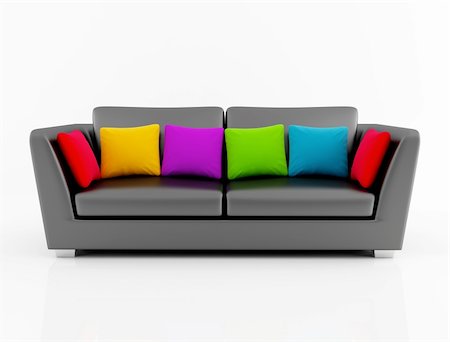 black leather couch with colored cushion - rendering Stock Photo - Budget Royalty-Free & Subscription, Code: 400-04200172