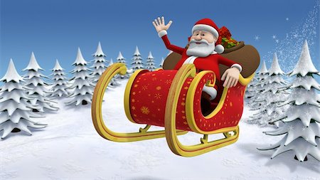 santa claus sleigh flying - 3d rendering/illustration of a cartoon santa flying across a snow covered landscape Stock Photo - Budget Royalty-Free & Subscription, Code: 400-04200403