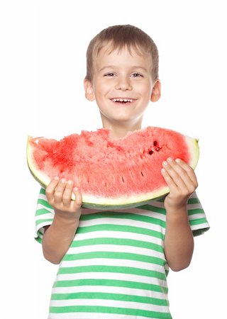 simsearch:400-05014700,k - Boy holding a watermelon isolated on white background Fotografie stock - Microstock e Abbonamento, Codice: 400-04201047