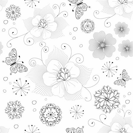 simsearch:400-05922161,k - White and black seamless floral pattern with curls and  butterflies  (vector) Photographie de stock - Aubaine LD & Abonnement, Code: 400-04201087