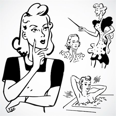 Vintage vector advertising illustrations of woman at home. Photographie de stock - Aubaine LD & Abonnement, Code: 400-04201316