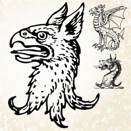 simsearch:400-05077674,k - Set of illustrated mythical animals. Easy to edit colors. Photographie de stock - Aubaine LD & Abonnement, Code: 400-04201311