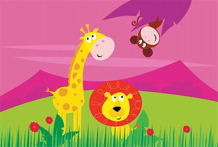 simsearch:400-04613065,k - Cute jungle animals - yellow giraffe, funny tigger and little monkey behind palm leaf. Background with mountains and grass in behind animals. Vector Illustration. Foto de stock - Super Valor sin royalties y Suscripción, Código: 400-04201665