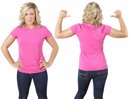 shirt front back model - Young beautiful female with blank pink shirt, front and back. Ready for your design or logo. Stock Photo - Budget Royalty-Free & Subscription, Code: 400-04202307