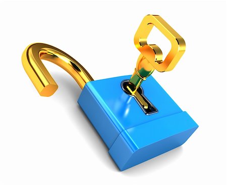 3d illustration of blue lock with golden key, over white background Stock Photo - Budget Royalty-Free & Subscription, Code: 400-04202670